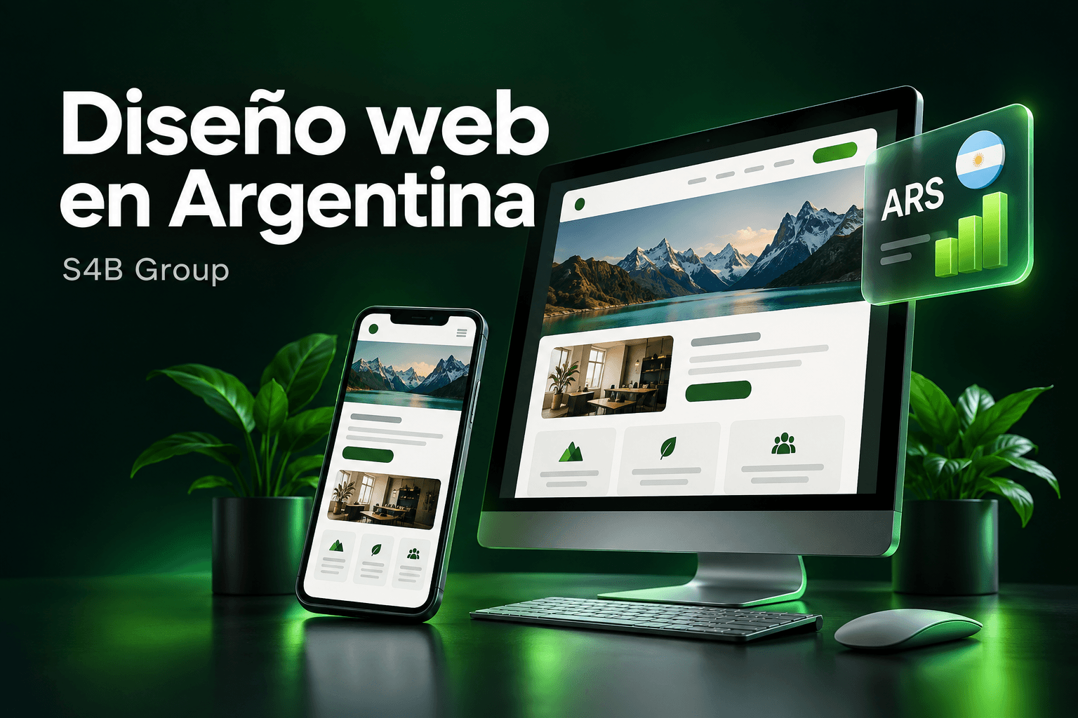 Diseño web en Argentina: computadora y celular con una web responsive y referencia a pesos argentinos
